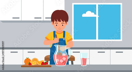 Boy preparing pink lemonade drink.
