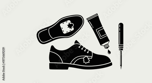 Professional Shoe Repair Set flat vector with Glue Tube Screwdriver and Patched Leather Footwear - Cobbler Service Concept