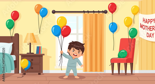 Happy little boy with colorful balloons.