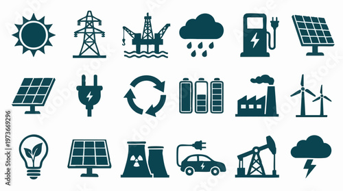 Collection of energy production, environment, and technology icons