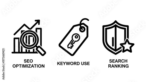 Professional SEO optimization and search engine ranking icons including keyword research tags, data analysis magnifying glass, and website security shields