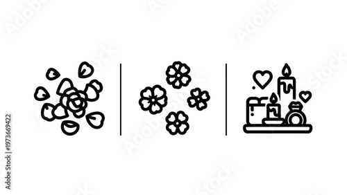 Set of black and white line icons representing wellness, aromatherapy, and floral elements for spa and relaxation themes including flower petals and scented candles