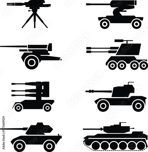 Military artillery and armored vehicles, weapon, tank, gun silhouette.