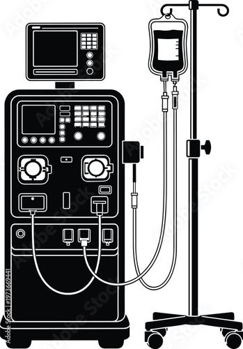 Dialysis machine with IV stand vector illustration, medical treatment equipment, healthcare device for kidney therapy, hospital life support system, clinical machinery, black and white design