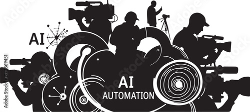 Silhouettes of soldiers with AI automation technology concept art