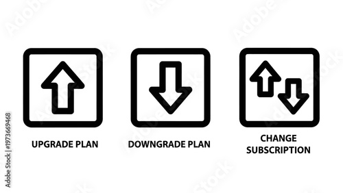 Subscription management icon set including upgrade plan with up arrow, downgrade plan with down arrow, and change subscription with dual arrows for account pricing and tier adjustments