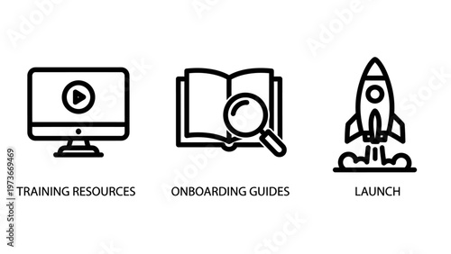 Business icons set featuring a computer monitor for training resources, an open book with magnifying glass for onboarding guides, and a launching rocket for project startup concepts