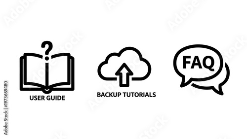 Customer support and help icons featuring a user guide book with a question mark, a cloud storage icon for backup tutorials, and speech bubbles representing frequently asked questions