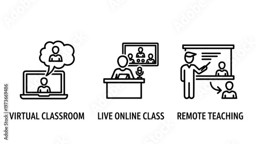 Set of educational icons depicting virtual classroom live online classes and remote teaching concepts for digital learning platforms