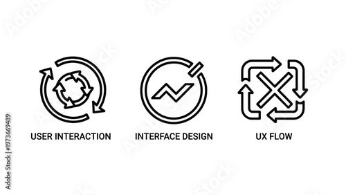 User experience and interface design icons representing user interaction flow, UI elements, and UX system architecture with technical line art symbols and process diagrams