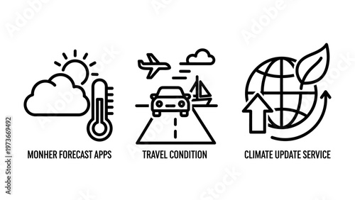 Icons representing weather forecast applications travel conditions and climate update services for environmental and logistics information