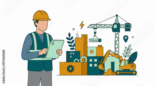 Construction engineer managing urban development project with digital tablet