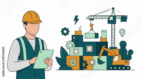 Engineer with tablet overseeing modern construction project management