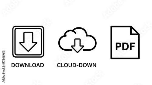 Digital file download icon set with cloud storage sync arrow and pdf document format symbols for web interfaces and mobile applications