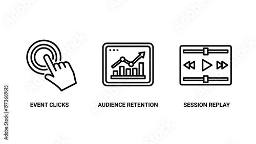 Digital marketing and user behavior analytics icons for event clicks audience retention and session replay