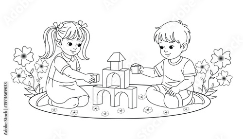Children Playing with Building Blocks Coloring Book Vector