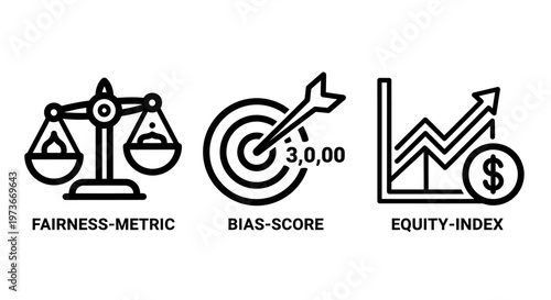 Ethical finance and data fairness icons for fairness metric bias score and equity index tracking