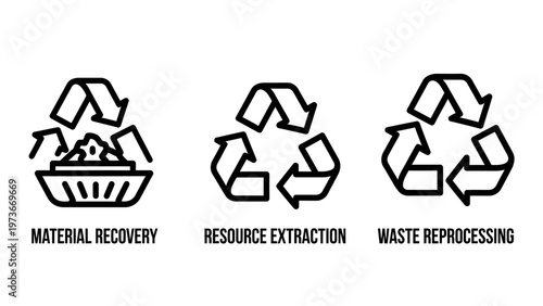 Set of material recovery, resource extraction, and waste reprocessing icons, waste management