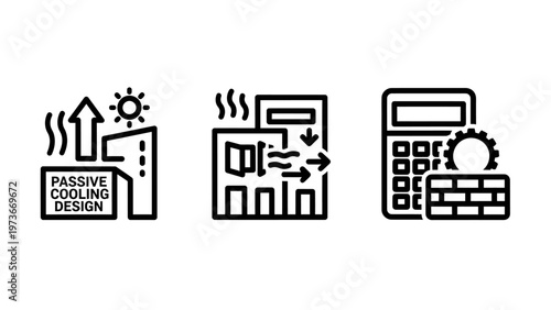 Sustainable passive cooling design building ventilation and insulation efficiency icons