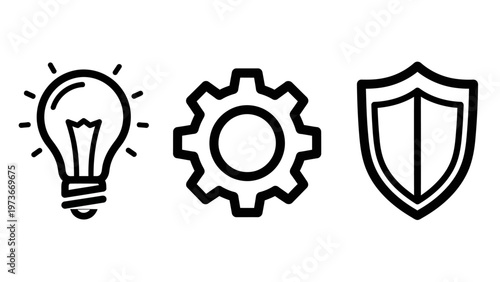 Line art icons for idea innovation, gear mechanism, and shield protection