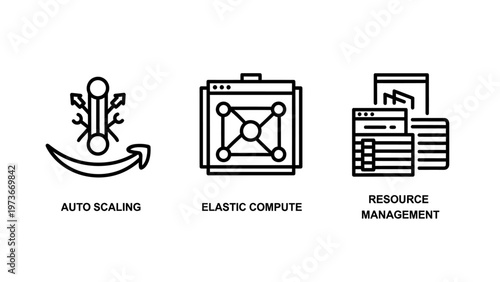Cloud computing infrastructure service icons for auto scaling elastic compute and resource management