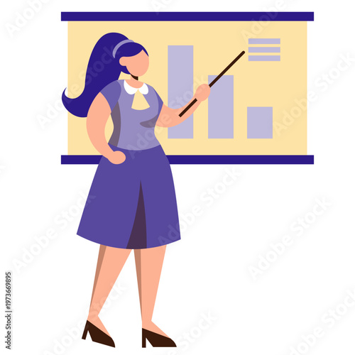 Flat design woman presenter with purple ponytail wearing white dress pointing with a stick.