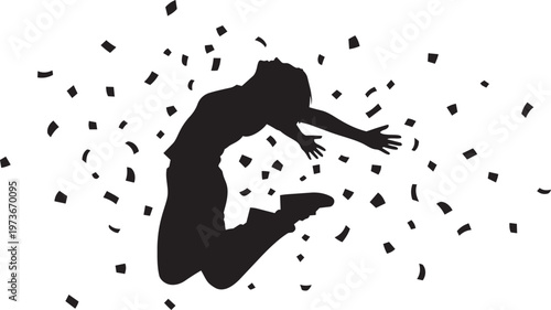 Silhouette of a happy person jumping for joy with confetti falling around, celebrating success and victory