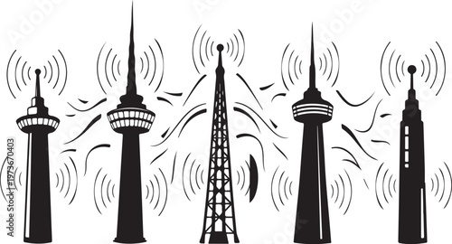 Radio Towers Broadcasting Signals in Black and White Illustration