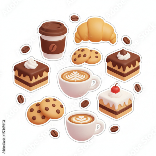 3D coffee and pastry sticker collection with cappuccino takeaway cups and sweet bakery desserts vector set