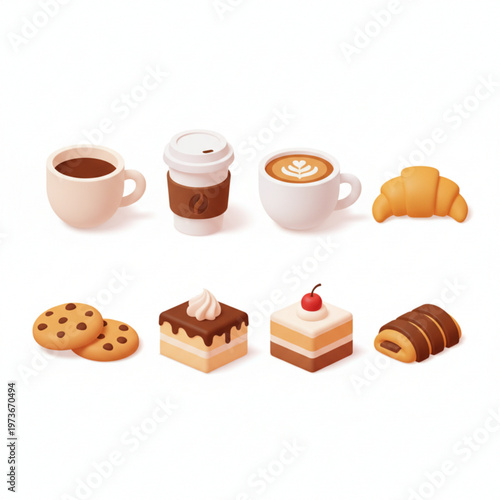 3D coffee and pastry vector set with cappuccino tea croissants cookies and cake desserts isolated on white