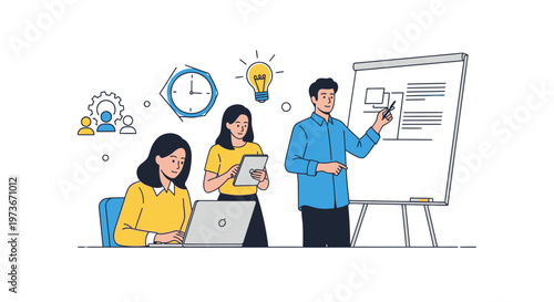 Team Brainstorming Session with Lightbulb Idea Concept Vector Illustration