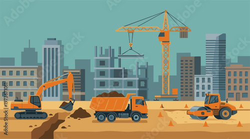 Construction site with heavy machinery and crane building a city skyscraper