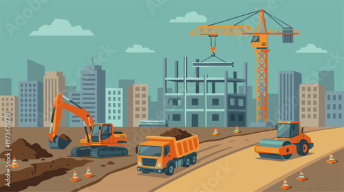 City construction site with heavy machinery, building, and urban skyline