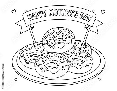 Mothers day donut dessert plate with icing and glaze sweet food coloring page illustration