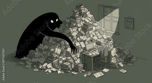 Man is overwhelmed by giant paperwork monster while studying at desk, depicting academic pressure and stress concept.