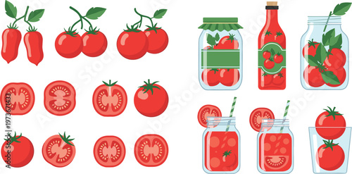 Fresh Tomatoes Jars Bottles Flat Vector Collection