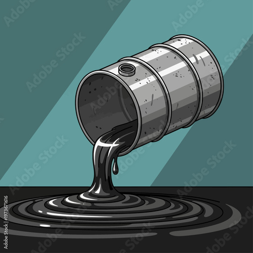 crude oil spilling from a metal oil barrel onto a dark surface depicting environmental pollution and energy industry concerns.