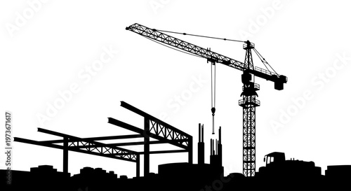 construction site with a building and tall crane silhouette symbolizing urban development and future infrastructure progress