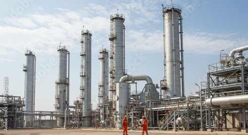 Two male workers outdoors at an oil refinery, industrial landscape for energy production and petrochemical manufacturing.
