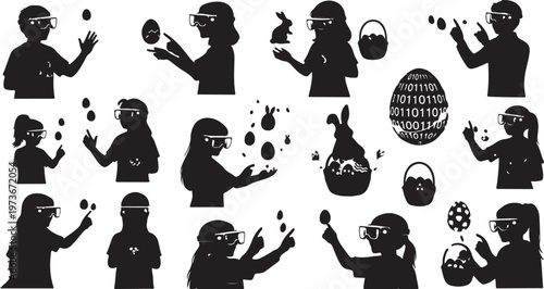 Silhouettes of people interacting with virtual reality technology devices