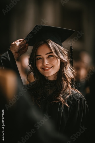 Portrait of smiling graduate woman in black robe adjusting mortarboard cap during graduation ceremony, highlighting academic milestone