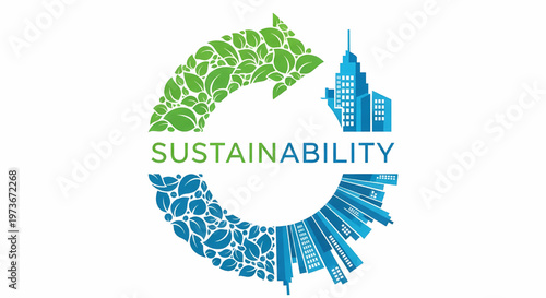 Sustainable cityscape with green leaves and blue buildings forming a circular eco friendly concept its illustration only