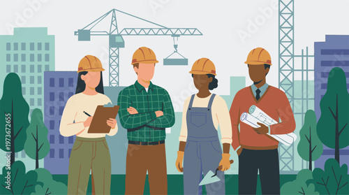 Diverse group of construction workers and engineers on a building site