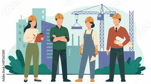 Diverse construction and engineering team at a building development site
