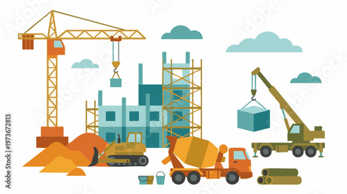 Flat design illustration of a construction site with heavy machinery and building