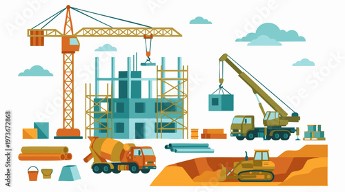 Flat design illustration of a bustling construction site with heavy machinery