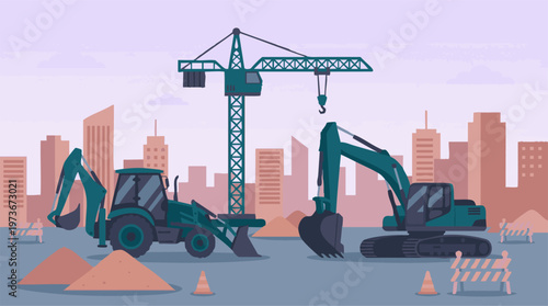Construction site with crane, excavator, and backhoe loader illustration