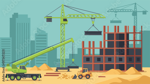 Urban construction site with cranes, loader, and unfinished skyscraper frame