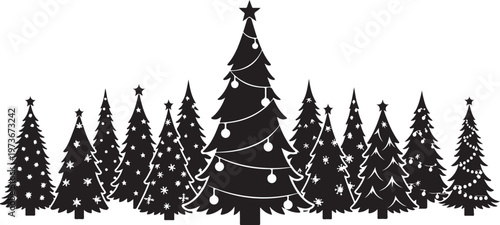 Black and white Christmas trees with ornaments and lights