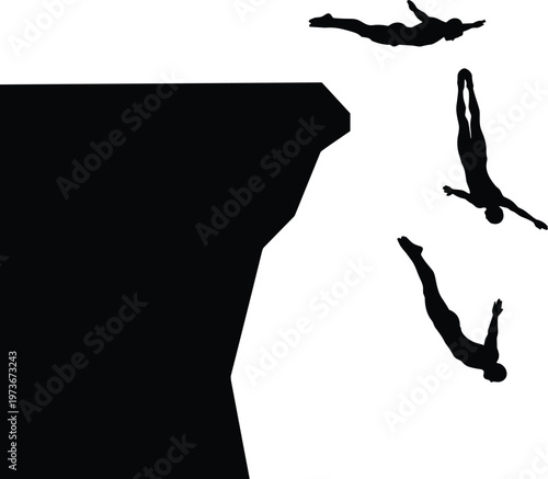 Cliff jumping man silhouettes diving from high rock ledge set in flat vector style for extreme sports summer adventure projects.